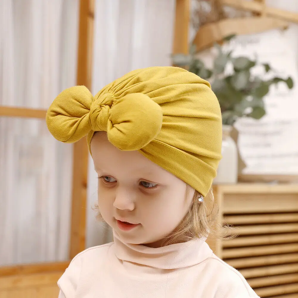 Newborn Toddler Baby Girls Turban Soft Silk Beanie Big Bow Hat Cap Wrap Headwear Headband Hats Accessories Candy Color Cute