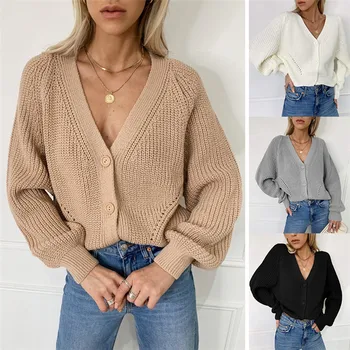 

Woman Coat Autumn 2020 Sexy Casual Solid Puff Sleeve Button Knit Coat Women Clothing Mujer Chaqueta Femme Veste