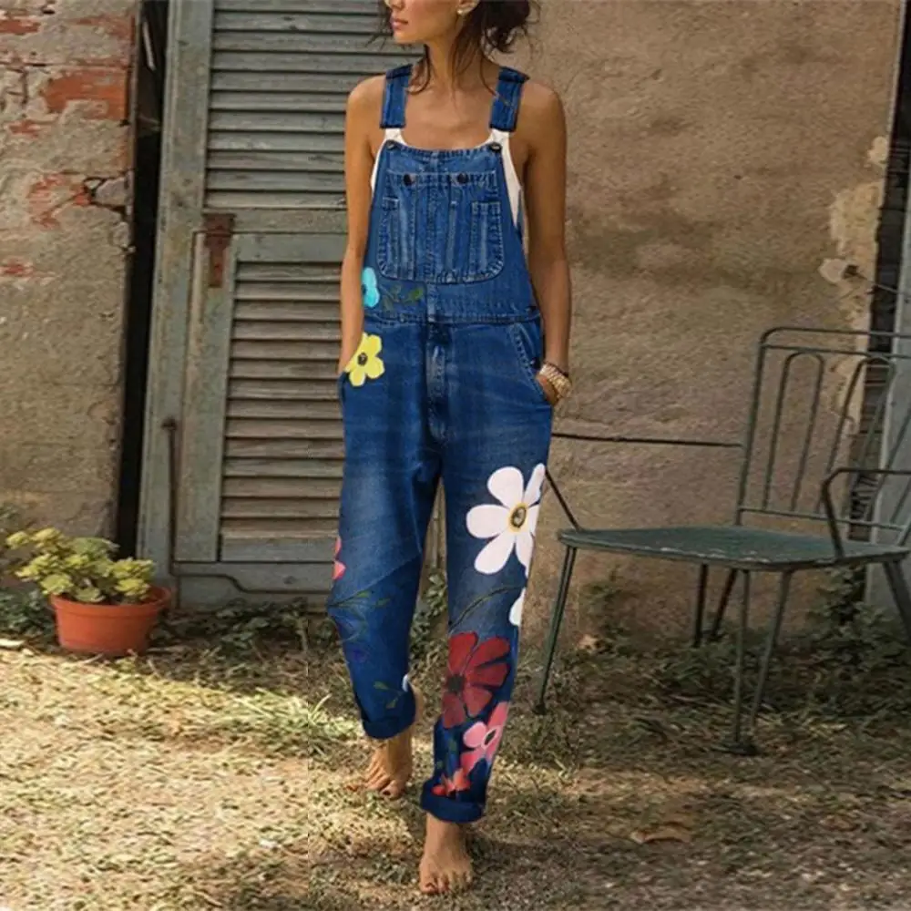 Bib Pants Jumpsuits flower printed blue jeans Romper for Women's Fashion Denim Bib Pants Sexy Long Rompers Overalls 2020 new