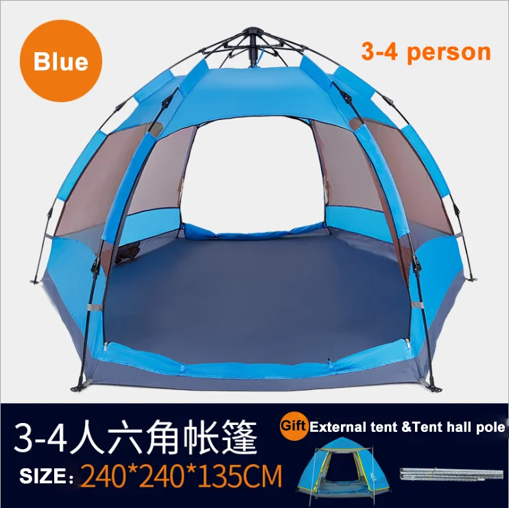 Blue 3 to 4 person Автоматическая палатка 3-8 человек палатка для кемпинга, легкая мгновенная Настройка портативный рюкзак для защиты от солнца, путешествия, Пешие прогулки шестиугольная палатка - Color: Blue 3 to 4 person
