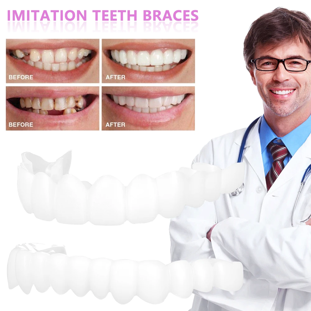 Full Set Top + Bottom Silicone False Teeth Top Bottom Upper Lower Veneers False Teeth Cosmetic Denture One Size Fits Most