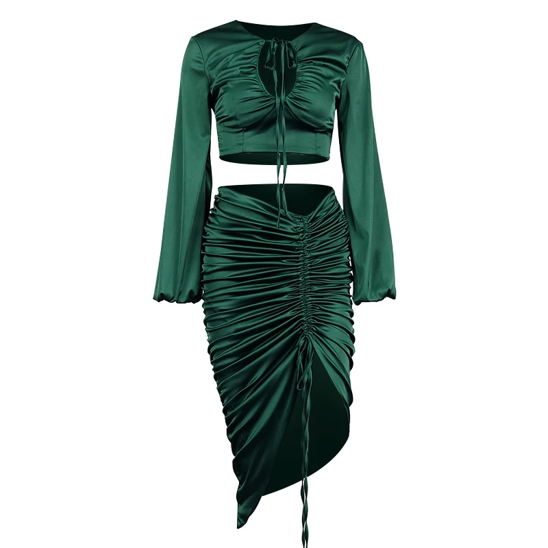 NewAsia Two Piece Skirt Set Lantern Sleeve V Neck Crop Top Ruched Midi Skirt Elastic Sexy Party Outfits For Women Matching Sets