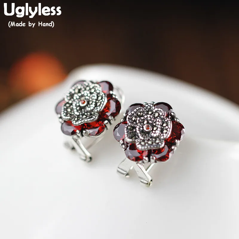 

Uglyless Vintage Thai Silver Marcasite Studs Earrings for Women Garnet Flower Earrings Solid 925 Silver Brincos Fine Jewel E1629