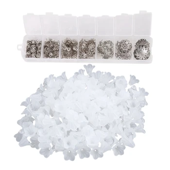 

200 White Lily Flower Frosted Acrylic Beads 14X10mm & 300Pcs(6-16mm) Mixed Beads Caps,End Caps,Cord Caps(Silver)