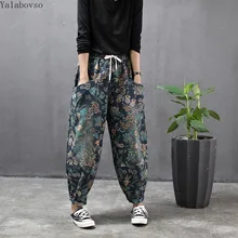 Национальный стиль ретро печать стежки брюки, большой размер свободные ковбойские Разбейте брюки шаровары для женщин A88Z40