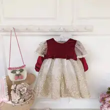 От 0 до 5 лет осенне-зимнее бархатное платье винно-красного цвета с длинными рукавами и бантом для маленьких девочек, нарядное платье принцессы для девочек Новогоднее и рождественское платье для детей