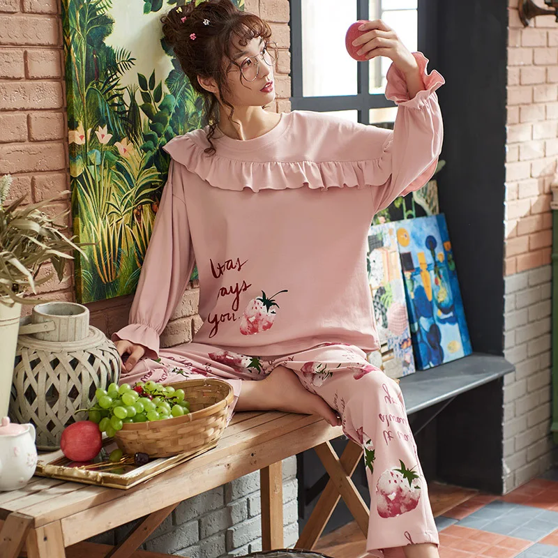 Pink Женские пижамные комплекты, милая синяя Пижама, Костюм Пижама, женская рубашка с длинным рукавом+ штаны, 2 предмета, домашняя одежда для сна, пижама, домашняя одежда - Цвет: Pink