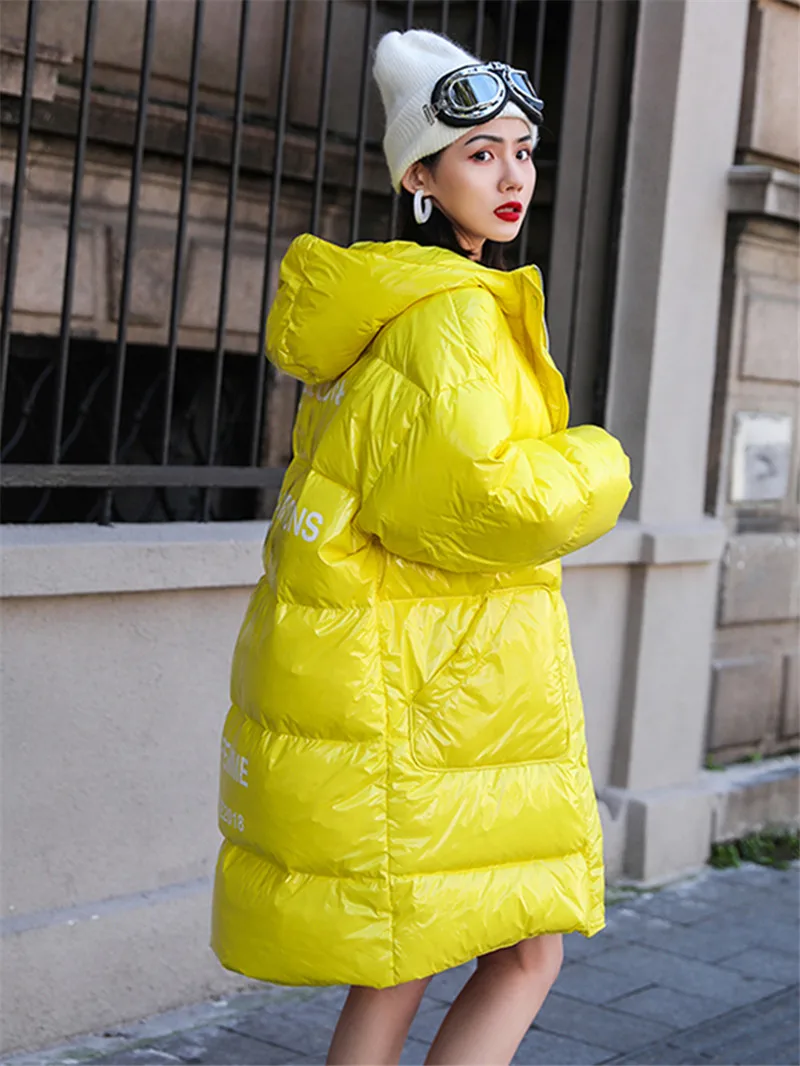 Корейское женское модное зимнее пальто на молнии, длинное белое пуховое пальто из утиного меха с буквенным принтом, парки с капюшоном, уличная одежда, пальто