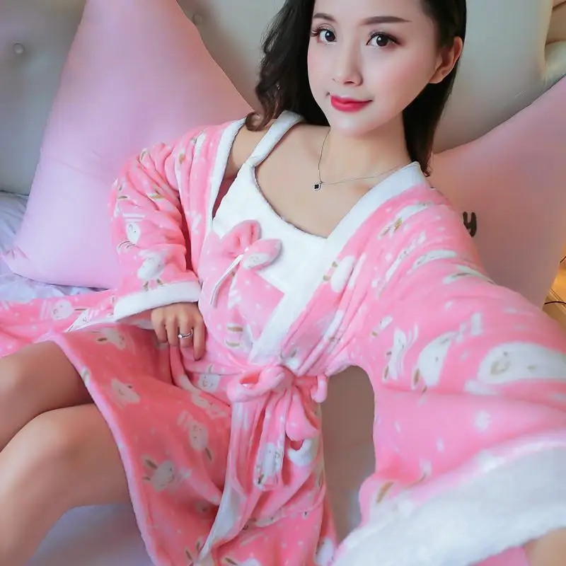 Фланелевый женский халат-кимоно, зимний теплый халат, комплект из кораллового флиса, домашняя одежда, ночная рубашка, мягкая плотная одежда для сна, домашняя одежда