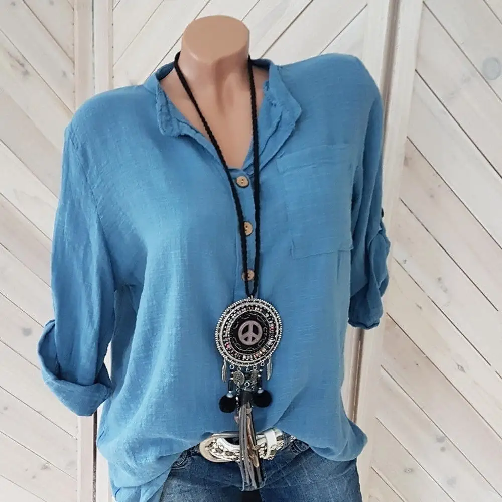 Женская блузка большого размера, новинка, длинный рукав, v-образный вырез, на пуговицах, одноцветная, повседневная, модная, с карманами, женская рубашка, S-5XL - Цвет: see chart