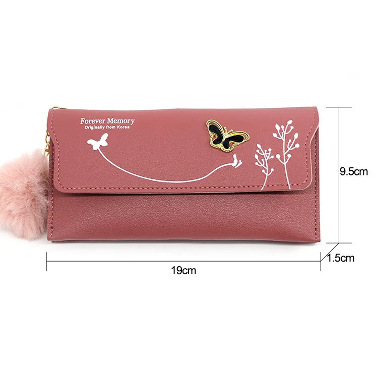 Butterfly Designer Women Long Wallets PU Leather Money Bag Solid Wool Ball Bow Clutch Bag Large Capacity Card Bag Coin Purse