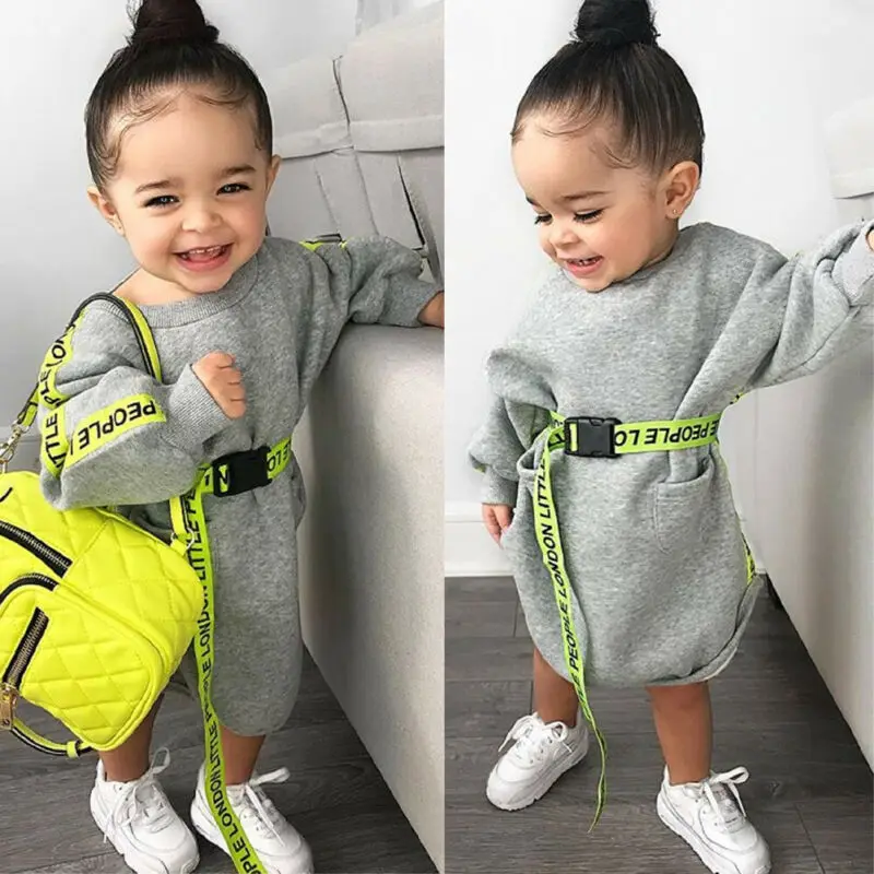 

2019 Fashion Infant Kids Baby Girls Dress Long Sleeve Fluorescent Letter Sashes Knee Length Straight Dress