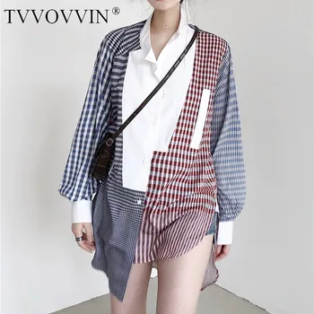 

TVVOVVIN 2020 New Spring Summer Lapel Neck Long Sleeve Plaid Spliced Single Breated Hit Colors Shirt Dress Women Fashion D265
