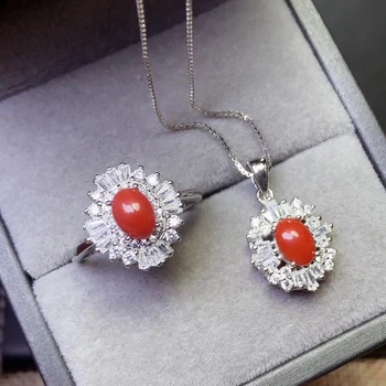 

attractive red coral ring and necklace jewelry set for women real 925 silver natural coral good color girl birthday gift sale
