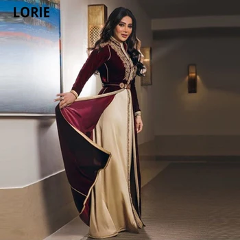 

LORIE Charming Dubai Moroccan Kaftan Evening Gowns Burgundy Long Sleeves Gold Lace Appliques Prom Dresses Arabia Dress for Party