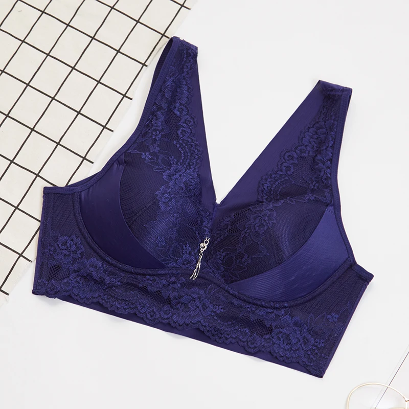 Navy blue Сексуальный Кружевной топ, черный бюстгальтер без косточек, бюстгальтер без косточек, бюстгальтеры больших размеров для женщин - Цвет: Navy blue