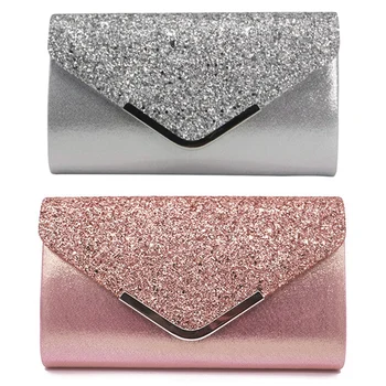 

2x Women Glittered Envelope Clutch Purse Evening Bag Lustrous Party Handbag Shiny Shoulder Bag(Pink&Silver)