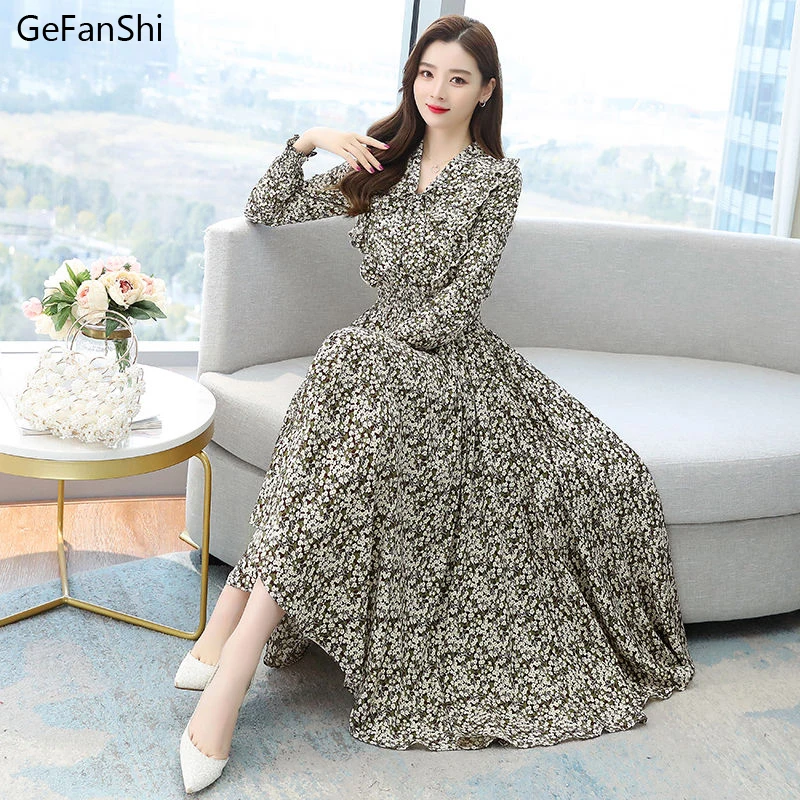 2021 New Spring Autumn Women Dresses Casual Long Sleeve Print Floral Chiffon Dress Fashion Elegant Slim Office Lady Robe | Женская