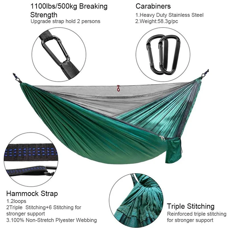 camping hammock 290 x 140cm Ultralight double hammock with mosquito net 300kg load Quick-drying parachute nylon hammock