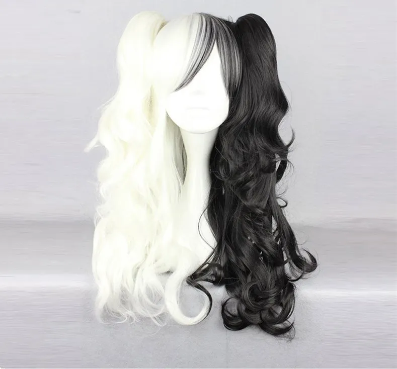 

Anime Danganronpa Monokuma Cosplay Wig White Black Mix Long Ponytails Curly Heat Resistant Synthetic Hair Wigs + Wig Cap