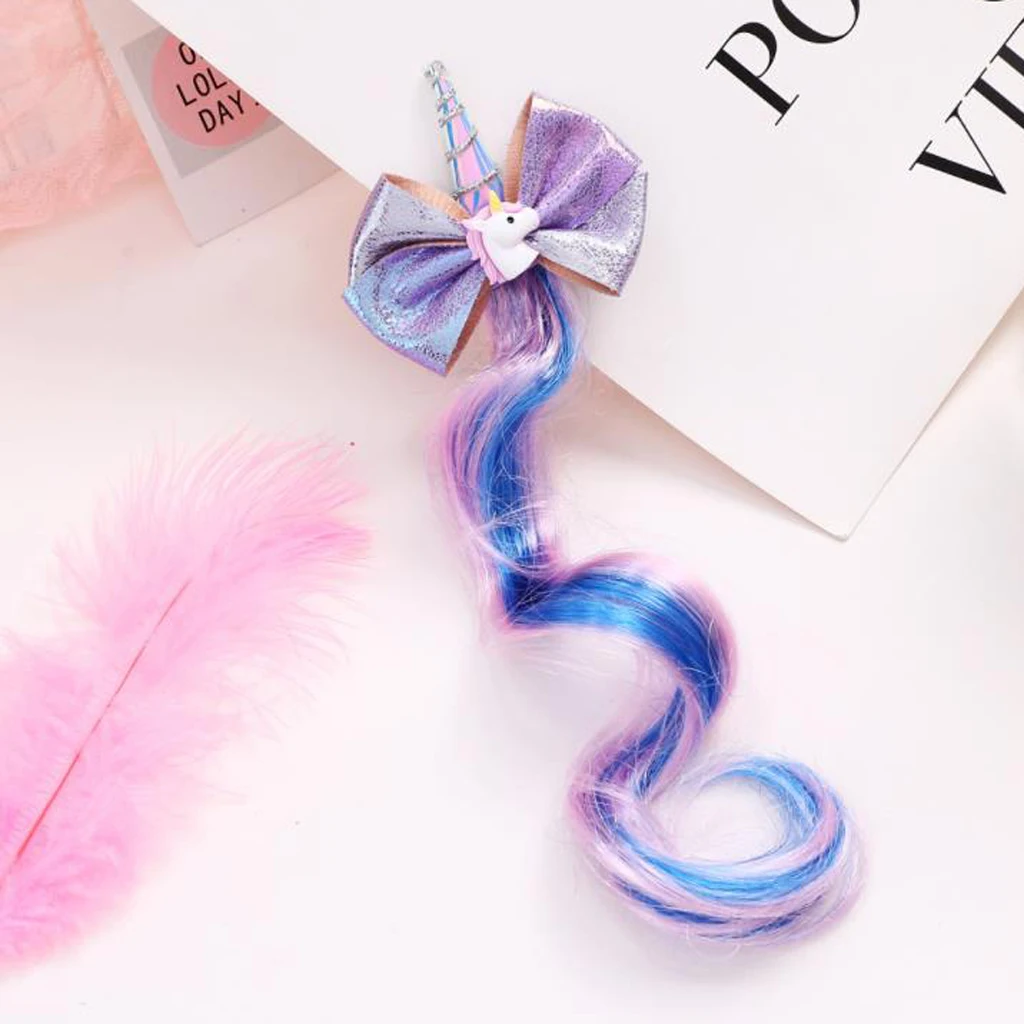 ' Cute Unicorn Hair Bow Clip Rainbow Extensions Wig Pony Party Headpiece