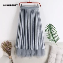 2 в 1, винтажная плиссированная юбка макси, Женская юбка миди, высокая талия, эластичная, повседневные, вечерние, Тюлевая, сетчатая юбка