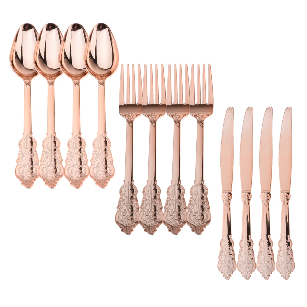 High Quality 12 Pieces Disposable Plastic Forks Spoons Knifes Wedding Party Home Decorations Gift Rose Gold