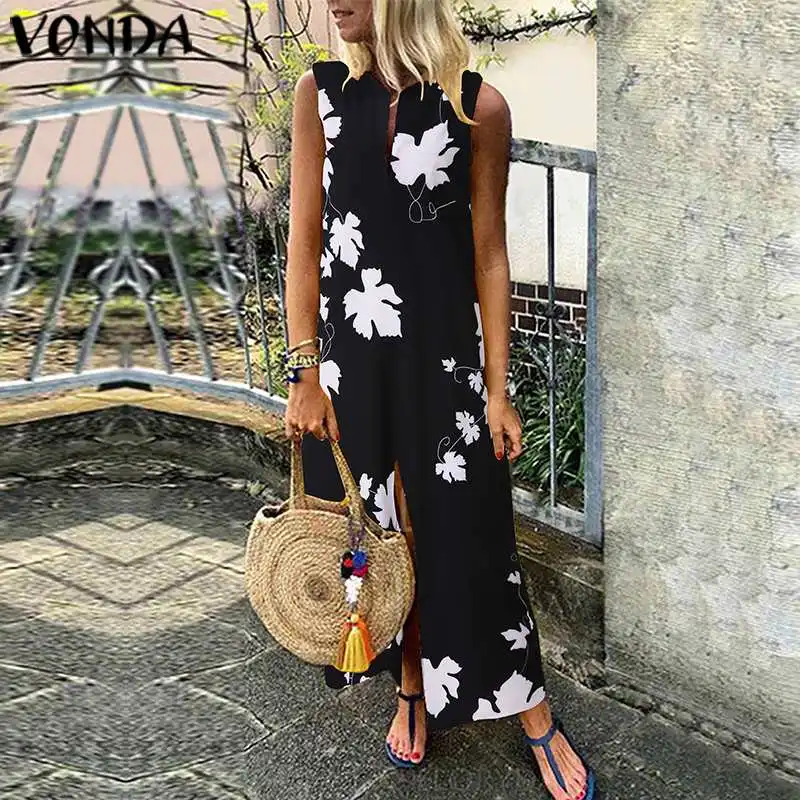 

VONDA Women Maxi Long Dress 2019 Summer Sleeveless Split Print Dress Plus Size Casual Vintage Party Vestidos Bohemian Robe Femme