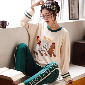 

XIFER Autumn and Winter Long-sleeved Pajamas Female Cotton Korean Students Can Wear A Suit Female Sweet Girl Home Service Suit