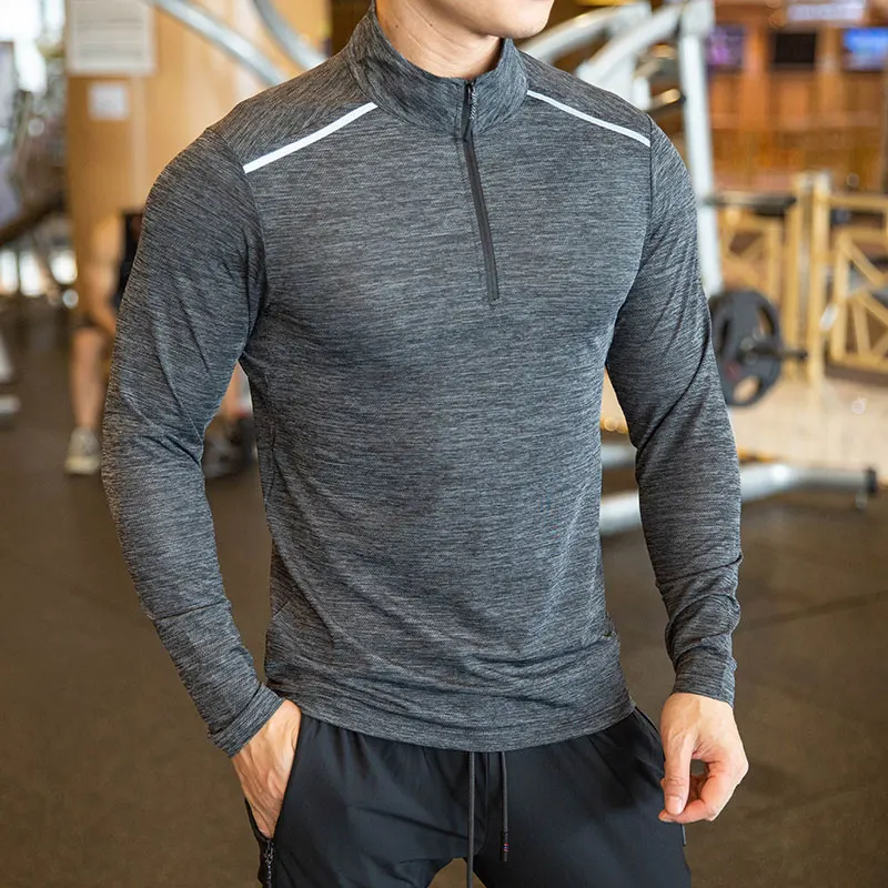 Long Sleeve Gym Fitness Zipper Stand Collar Autumn Winter Quick Dry  Breathable Running Shirt Men Bodybuilding Sport T-Shirt