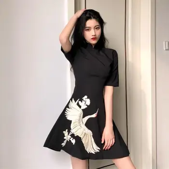 

ZCWXM Vintage Chinese Style Print Vestidos Stand Collar 2020 Spring Summer Dress Women Ins New Black Sexy Dresses New Fashion