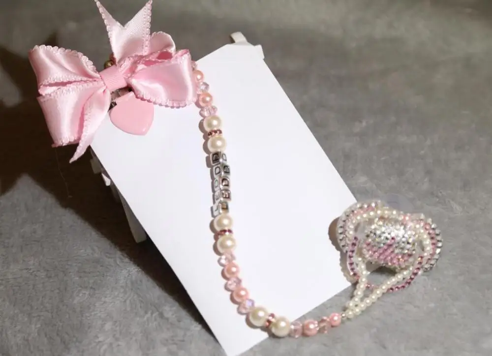 lolita pink paci На заказ стеклянные хрустальные детские соски с зажимами, бисероплетение, бриллиантовый бант, соски с цепочкой для новорожденных, детские подарки на день рождения, сувенир - Цвет: lolita pink paci