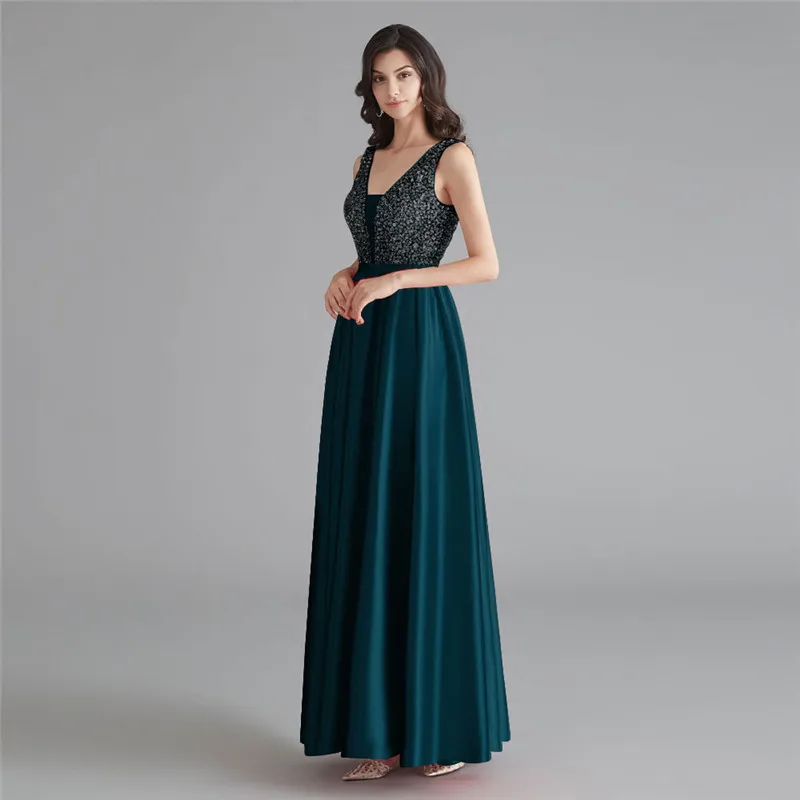 Dark Green Beauty-Emily атласное темно-розовое платье подружки невесты с v-образным вырезом тяжелое бисерное ТРАПЕЦИЕВИДНОЕ свадебное платье вечернее платье Robe De Soiree - Цвет: Dark Green