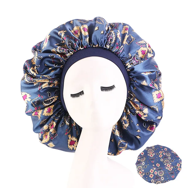 New Women Big Size Beauty print Satin Silky Bonnet Sleep Night Cap Head Cover Bonnet Hat for For Curly Springy Hair Black 408ANavy blue yellow