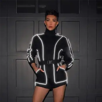 

SYSYWEL Reflective Stripe Black Long Sleeve Women Jumpsuit Casual Autumn Winter Bodysuit Zipper Rompers Jogger