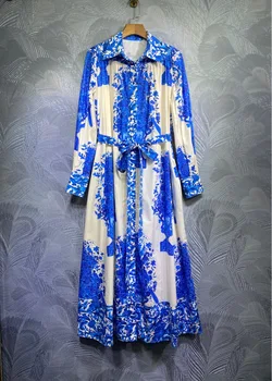 

100% cotton 2020 runway women autumn blue floral printed long shirt dresses long sleeve single breasted belt elegant dress y782