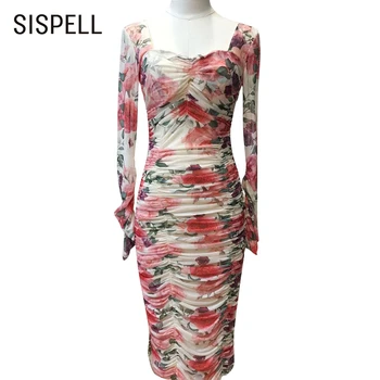

SISPELL Print In Color Dresses For Female Square Collar Long Sleeve Ruched High Waist Slimming Women's Vintage Dress Fashion New