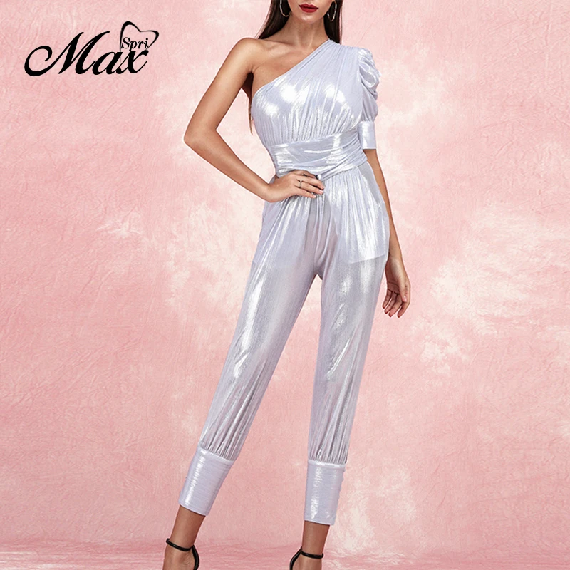 

Max Spri One Shoulder Puff Sleeve Women Party Jumpsuits 2019 New Fashion High Waist Button Vestidos Silver