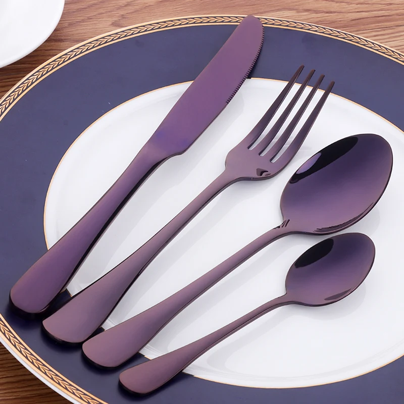 Durable Purple Stainless Steel Cutlery Set Food Serving Fork Knife Dessert Spoon Metal
