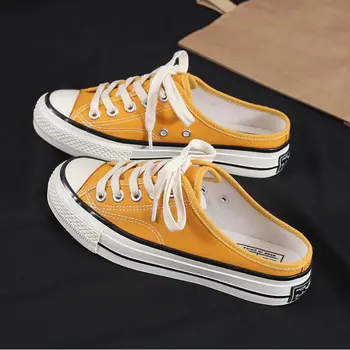 

New Spring 2019 Woman Half slipper Canvas Shoes flat sneakers women casual Comfortable loafer Driving low lace up shoes BA-40