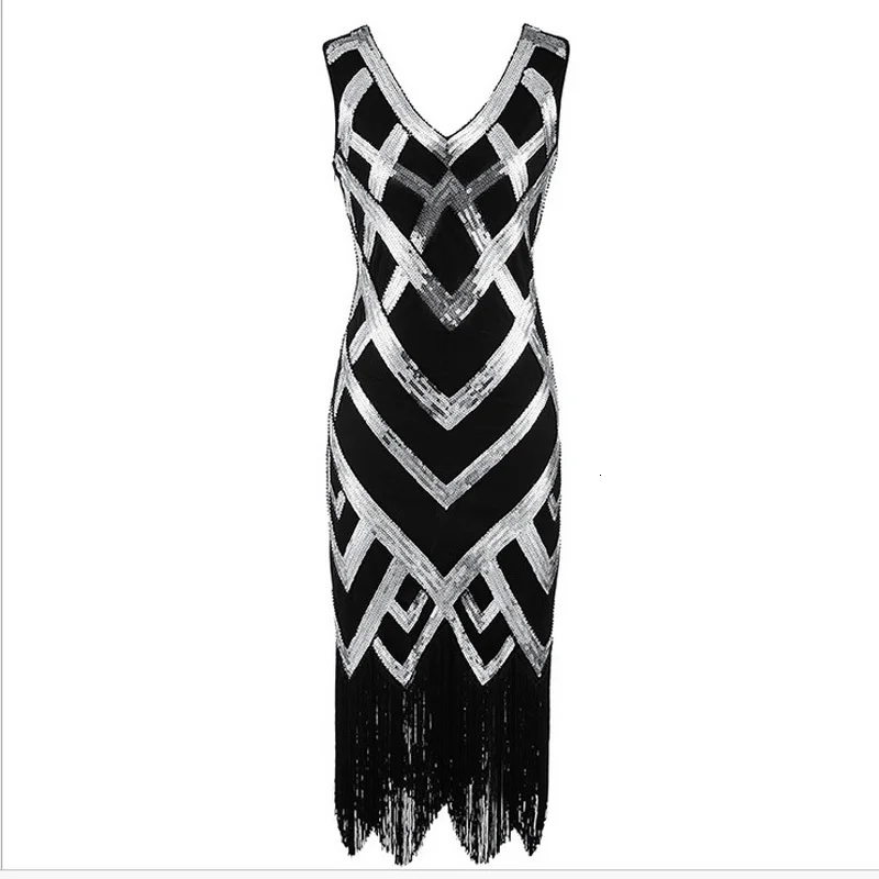 2018 Great Gatsby Dress Women Sequins Dress 1920 s Vintage Ballroom Gold Dresses Sexy Club V Neck tassels Beaded Party Dress (3)1