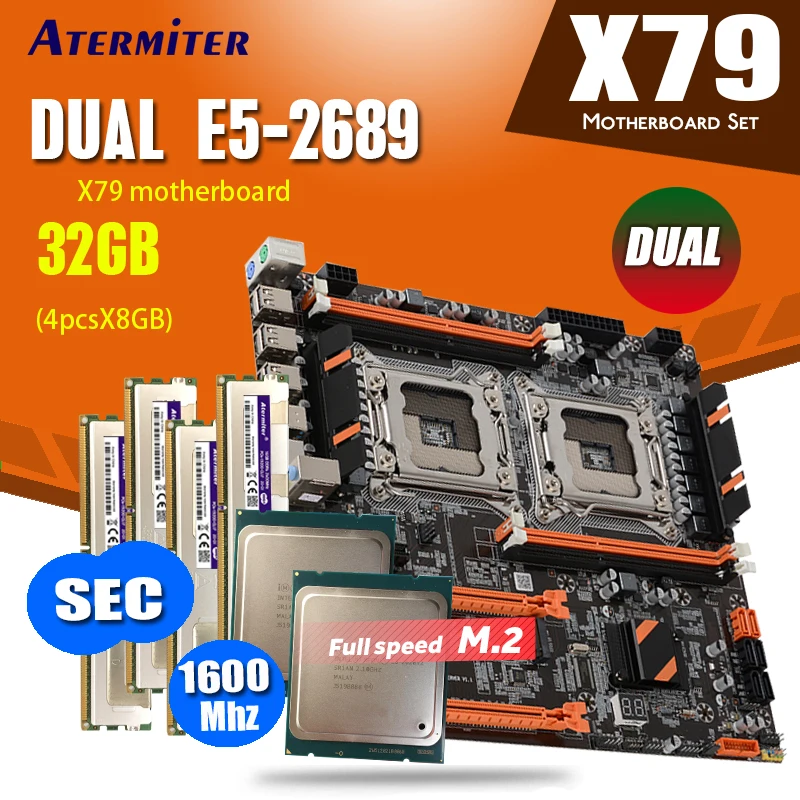 Материнская плата Atermiter X79 Dual E ATX CPU combos 2 × Xeon E5 2689 радиатор 4 8 ГБ = 32 Гб 1600 МГц PC3 12800