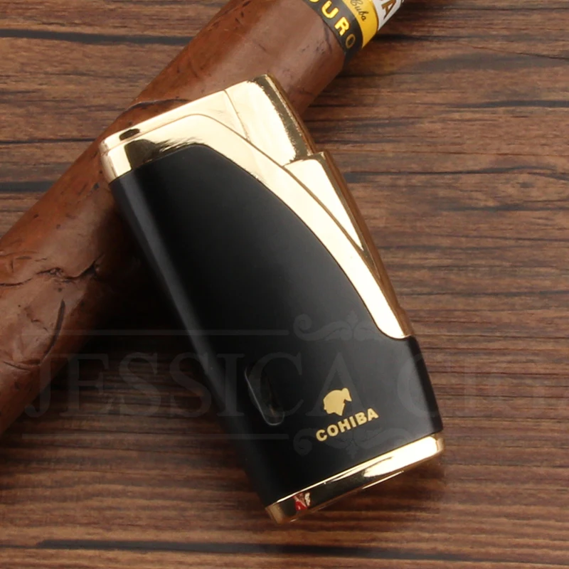 COHIBA бутан Зажигалки для сигар ветрозащитный струйный фонарь Зажигалка Газ заправка металлический карман Синий Пламя прикуриватель W/сигары удар - Цвет: BLACK