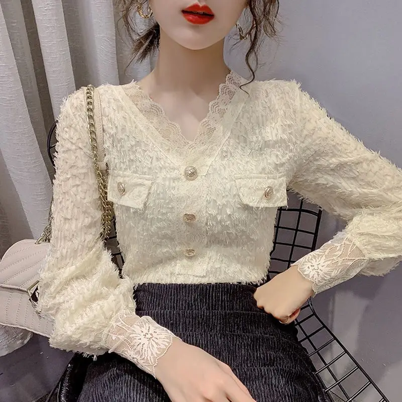 

Spring Blouse Women's V-Neck Casual Lace Mesh Stitching Long Sleeve and Sweet Office Style Elegant Blusas Mujer De Moda 2020