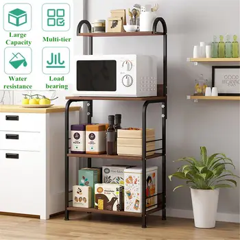 

4 Tiers Wooden Kitchen Storage Shelf Microwave Oven Rack Bookshelf Iron Art Kitchenware Storage Organizer Shelf Stand Cupboard