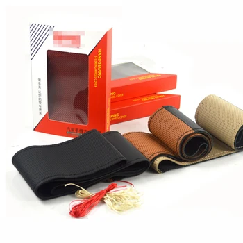 

Pure Genuine Leather Car Steering Wheel Cover Soft Anti slip 100% Cowhide Braid Leather handsewn car steering wheel sleeve 38CM