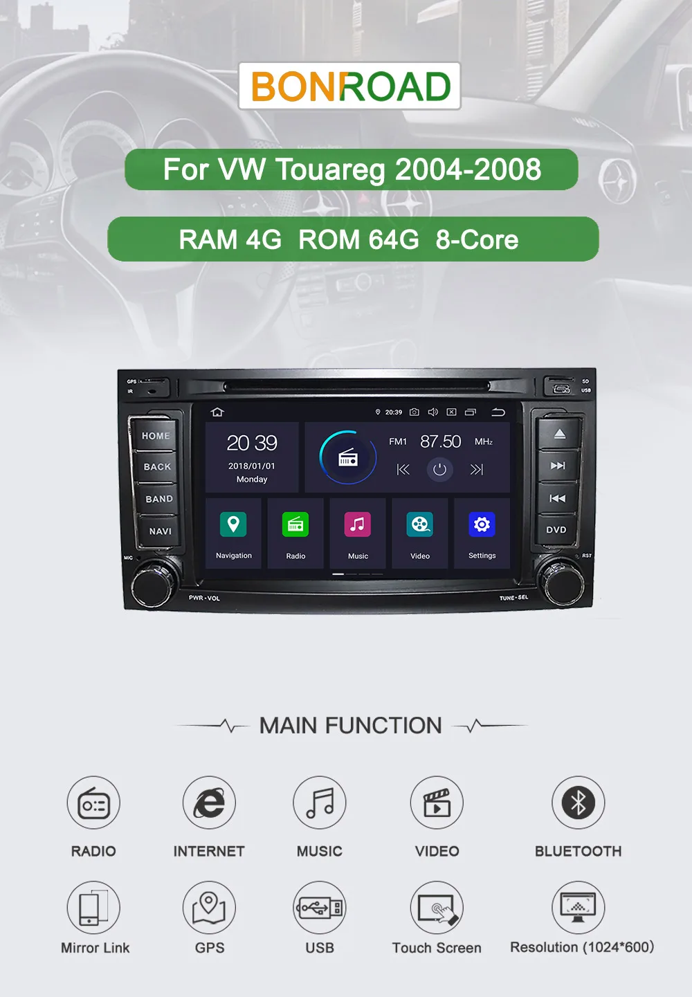 Top Bonroad 2Din Android 9.0 Car Multimedia Player GPS Navigation Car DVD For Volkswagen forTouareg 2004-2008 RAM 4G Rom 64G 0