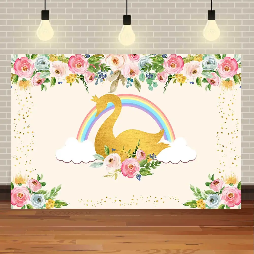 

NeoBack Happy Birthday Golden Swan Baby Shower Watercolr Flowers Star Glitter Party Photo Backdrop Photography Background