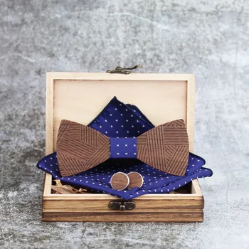 

Men Striped Carved Wood Bow Tie Paisley Handkerchief Pocket Square Cufflinks Neck Tie Set Holiday Wedding Christmas Gift Bowtie