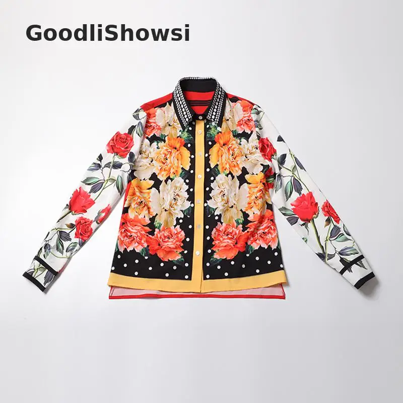 GoodliShowsi Новое поступление шикарная Женская Цветочная рубашка контрастной расцветки с принтом в розовый горошек с отложным воротником Повседневная Эффектная блузка Топ